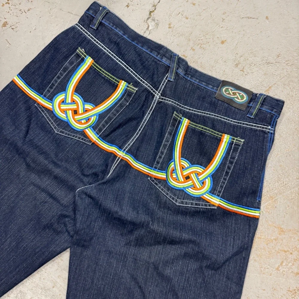 Y2K Evolution In Design‎ Denim Shorts Blue Rainbow Embroidered Baggy Jorts 44